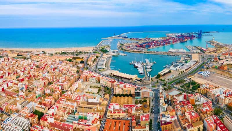 Valencia city port aerial panoramic view. Valencia is the third most populated municipality in Spain.