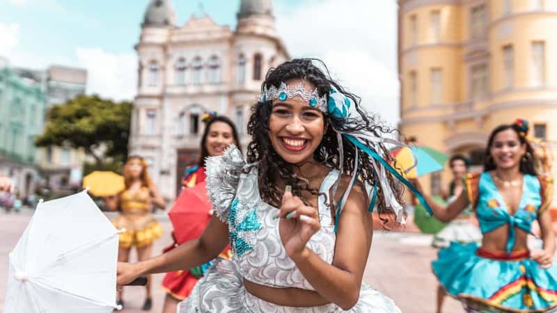 Frevo dancers at the street carnival in Recife, Pernambuco, Brazil.