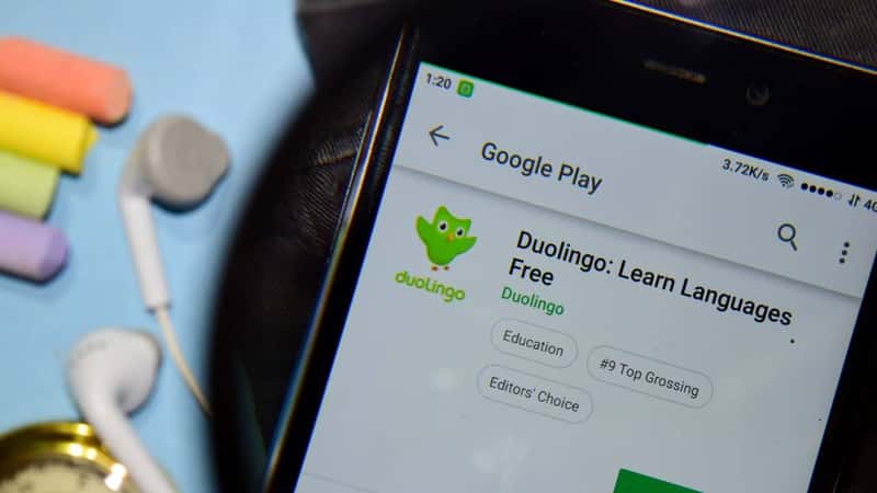 BEKASI, WEST JAVA, INDONESIA. NOVEMBER 1, 2018 : Duolingo: Learn Languages Free dev app with magnifying on Smartphone screen. Duolingo is a freeware web browser developed by Duolingo