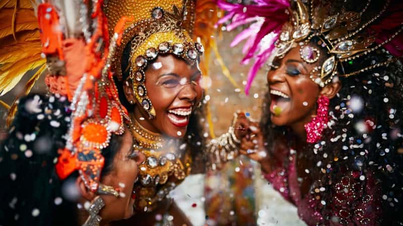 Dancer, celebration and carnival for culture, event or street festival as parade or entertainment in Brazil. Female people, fashion and laugh for freedom, energy or art as tradition in Rio de janeiro