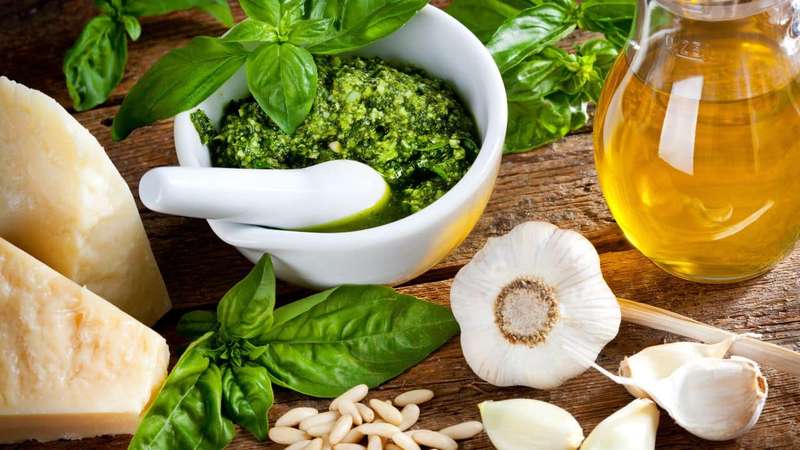 Ingredients for italian pesto sauce (pesto alla genovese).