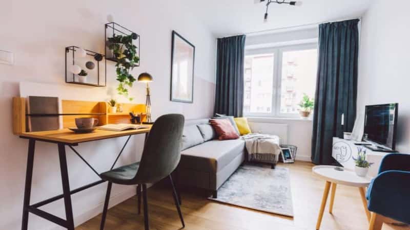 Interior of small apartment living room for home office. Real estate rent and home staging