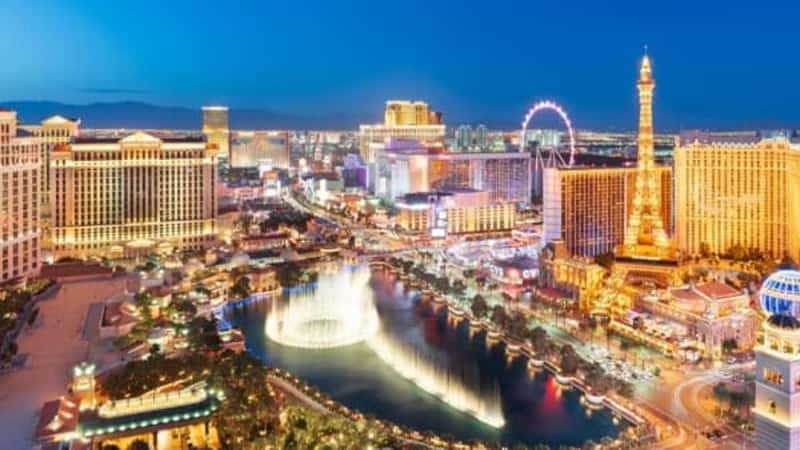 LAS VEGAS, NEVADA, USA - APRIL 4, 2018: Las Vegas downtown skyline with casinos at twilight.