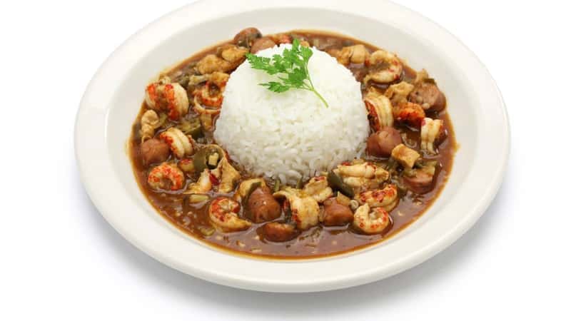 gumbo with crawfish, chicken & sausage, southern food in the united states