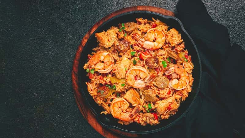 Jambalaya, Creole dish, American pilaf, rice with chicken and shrimp, vegetables, homemade, no people,