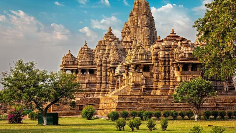 Famous indian Madhya Pradesh tourist landmark - Kandariya Mahadev Temple, Khajuraho, India. Unesco World Heritage Site