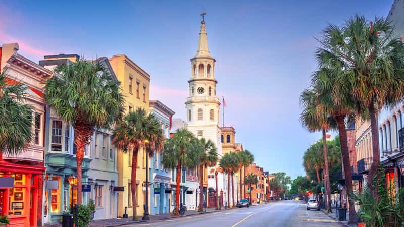 Charleston, South Carolina, USA cityscape in the historic district at twilight.