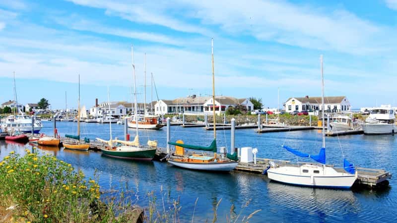 Port Townsend, WA. Downtown marina with boats and historical buildings.