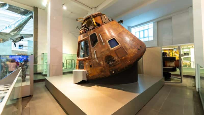 London, England, UK - August 2, 2024. London Science Museum interior view of the Apollo 10 Command Module, known as Charlie Brown. Inside museum gallery with the historic NASA, Apollo space capsule.