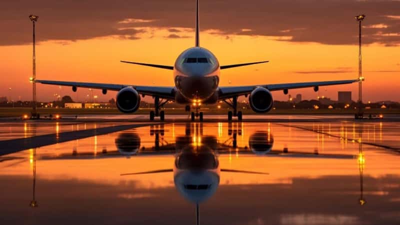 Airport and airplanes. Runway. Evening warm sunlight.