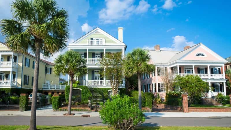 Brightly colored colonial architecture in the historical heart of the Battery neighborhood in Charleston, South Carolina, USA