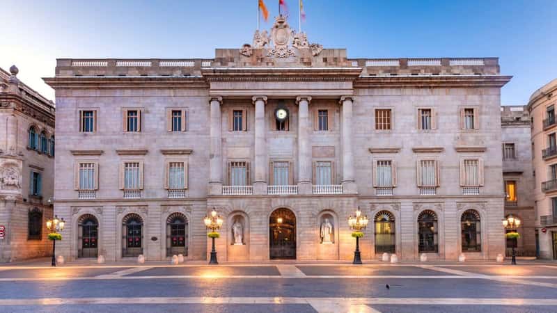 Casa de la Ciutat, City Hall of Barcelona on the Placa de Sant Jaume in The Gothic Quarter of Barcelona during morning blue hour, Spain