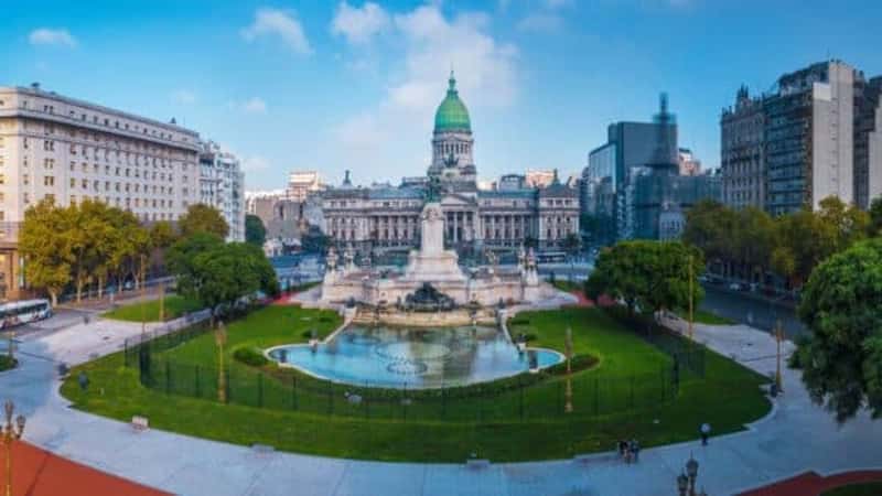 Panorama of the city of Buenos Aires. Aerial panorama of the square near Congreso at sunny day. Argentina