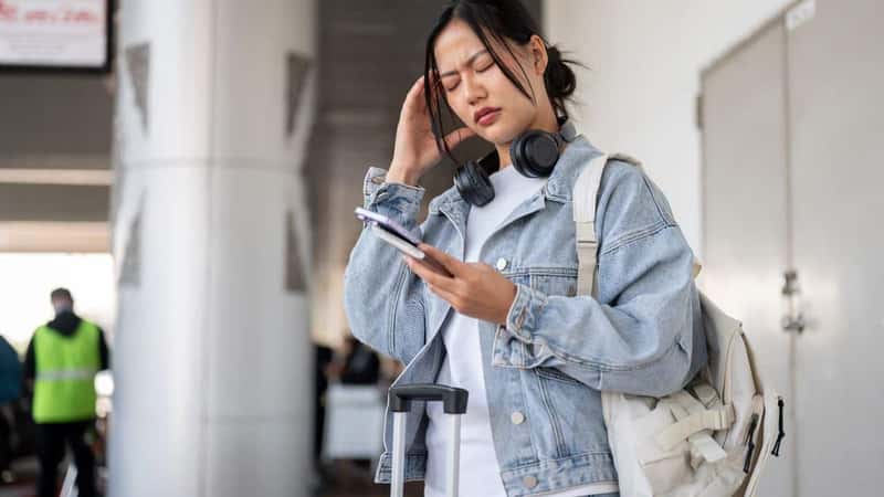 A stressed, worried Asian female traveler waits for her taxi at the airport pickup point, feeling frustrated about a mistake she made or a headache from a long flight.