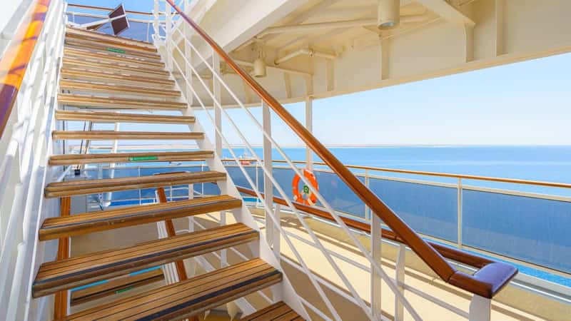 Empty deck and stairs of a cruise ship, Red Sea, Egypt