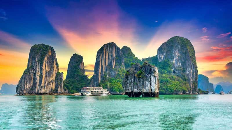 Dreamy sunset landscape Halong Bay, Vietnam view from adove. This is the UNESCO World Heritage Site, a beautiful natural wonder in northern Vietnam