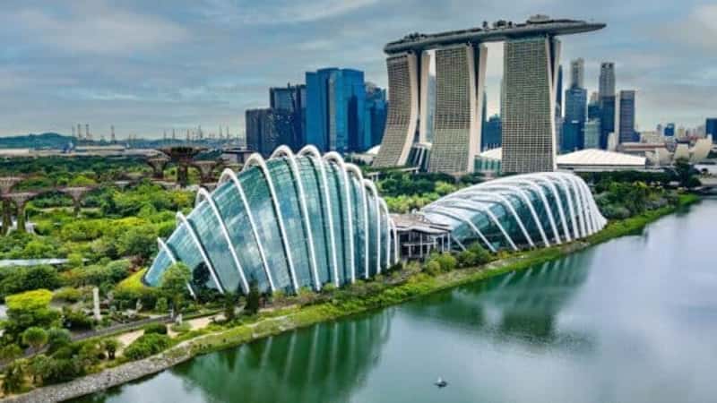 Aerial view of the parks, gardens and modern buildings at the Marina Bay area of the city of Singapore