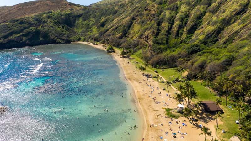 Aerial view of the clear water of Hanauma Bay nature preserve near Waikiki on Oahu, Hawaii
