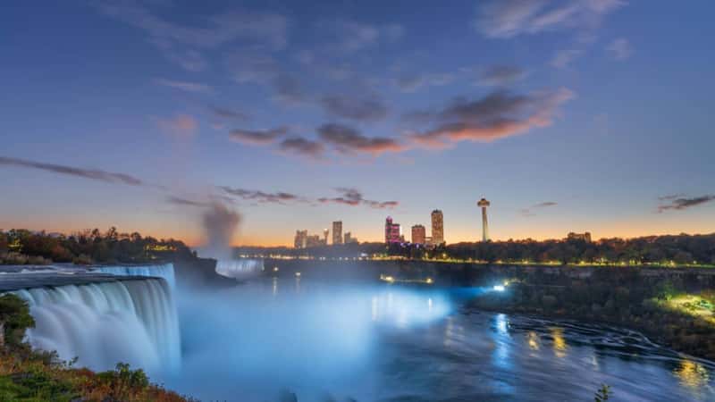 Niagara Falls, New York, USA from the rim of the falls on an autumn dusk.