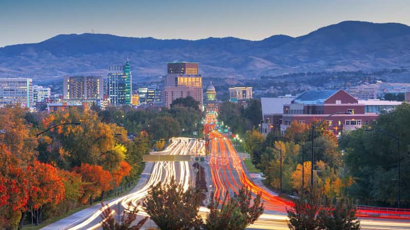 Boise, Idaho, USA downtown cityscape at twilight in autumn season.