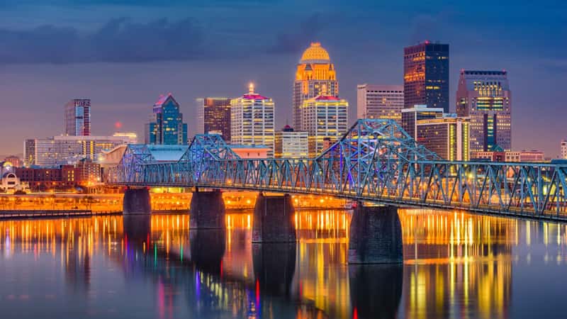 Louisville, Kentucky, USA downtown skyline on the Ohio River at dusk.