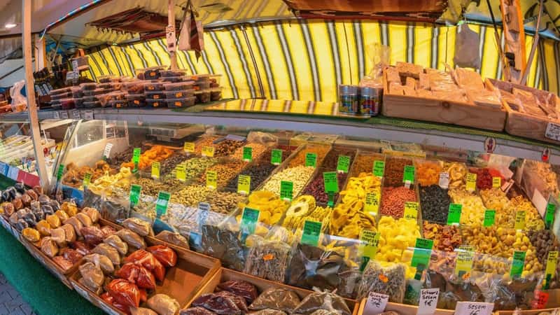 Berlin, Germany - MAY 10, 2017: shop at Wochenmarkt am Maybachufer the famous Turkish market at Berlin Germany