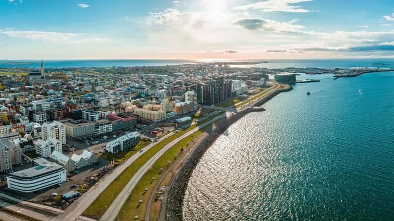Beautiful aerial view of Reykjavik, Iceland on a sunny summer day. Panoramic view of Reykjavik
