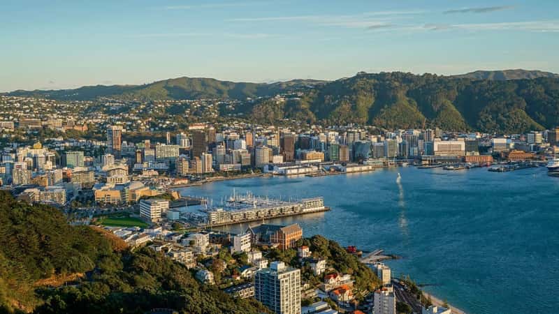 The central business district is surrounded by hills seen from the Mount Victoria in Wellington, New Zealand