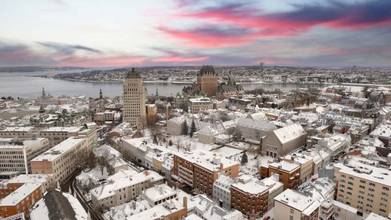 The beautiful city of Quebec in winter seen from the sky.