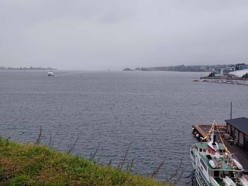 oslofjord viewed from oslo norway with a ferry passing in the distance