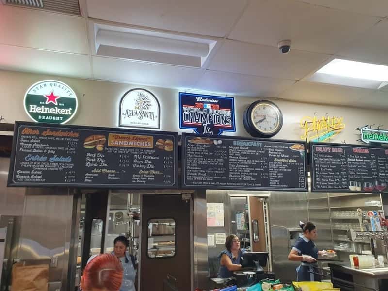 a blackboard menu at philippe the original an historic sandwich shop in Los Angeles California USA