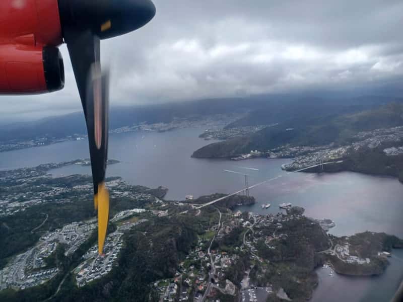 the view from a loganair atr aircraft on approach to bergen norway from sumburgh shetland scotland