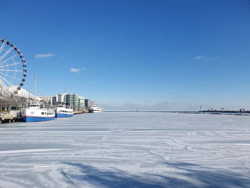 frozen lake michigan in winter viewed from navy pier chicago illinois usa