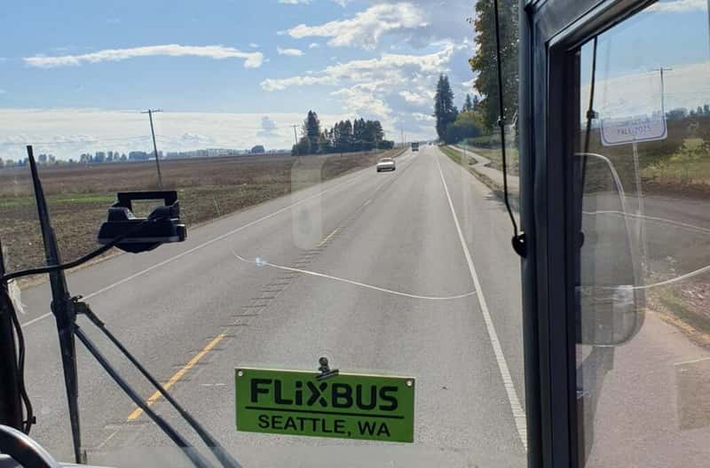 view from the front window of a flixbus travelling from salem to eugene oregon usa