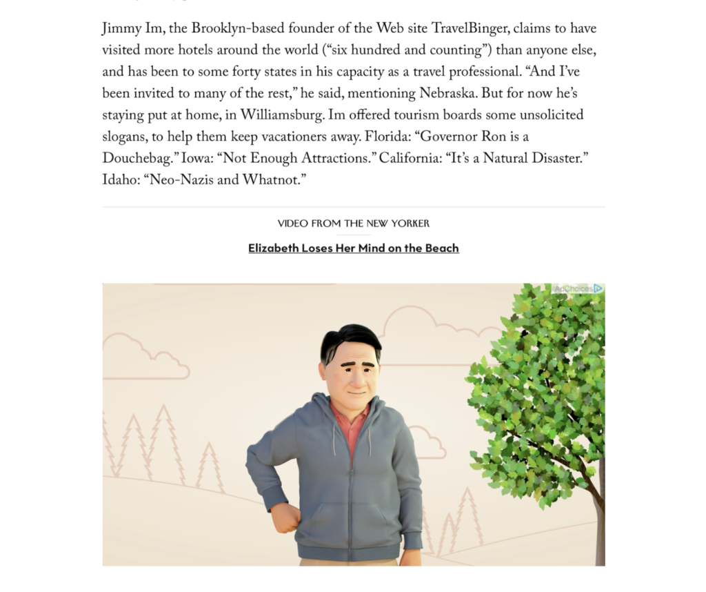Travelbinger featured in New Yorker